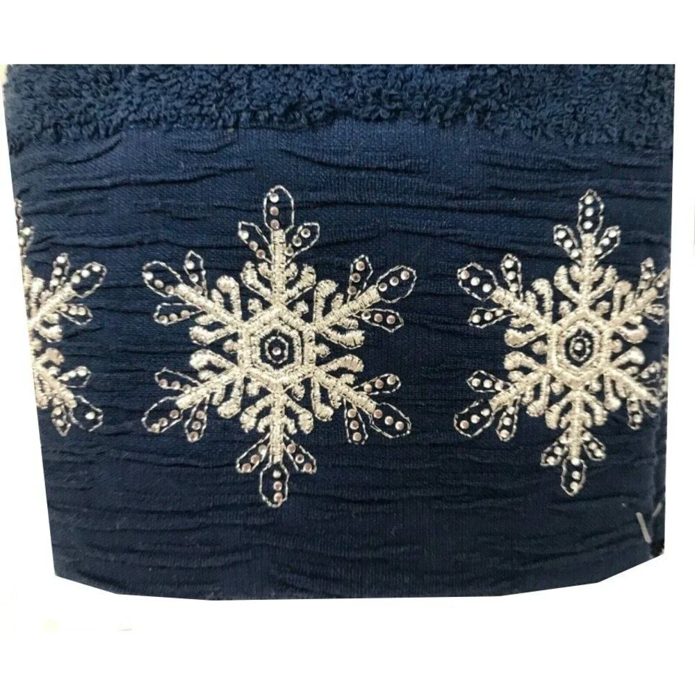 Glitz & Glimmer Christmas Hand Towels Snowflakes Embroidered Bath Navy Set of 2